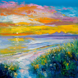 A vibrant painting featuring a sunset over the ocean with textured brushstrokes in vivid colors and a signature in the bottom corner. By John Lawrie Morrison OBE